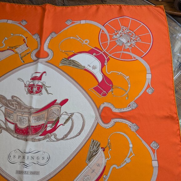 HERMES Springs Ledoux Orange White Red 90 cm Silk Square Scarf Rare Very Good - Picture 11 of 16